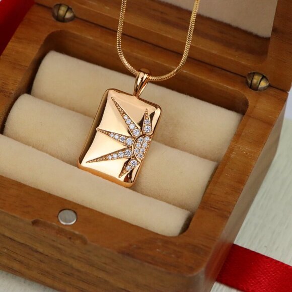 "Rose Gold Rectangle Pendant with Starburst CZ Design, XPPT1842 - Picture 2 of 13